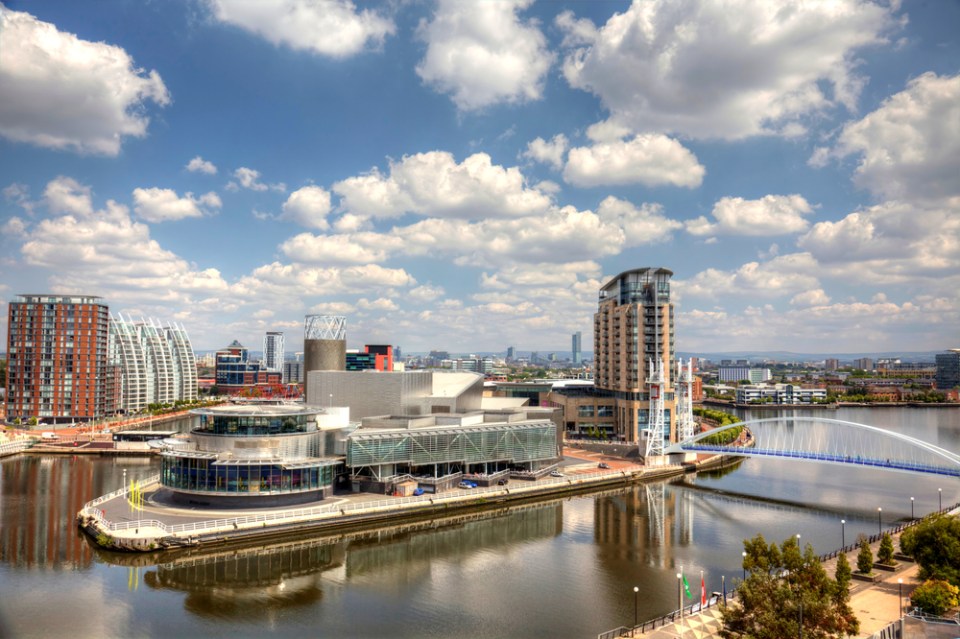 Panoramic view of Manchester from Salford Quays 