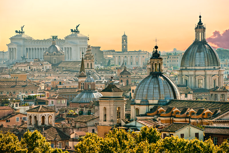 Susnet View of  Rome from Castel Sant'Angelo, Italy.