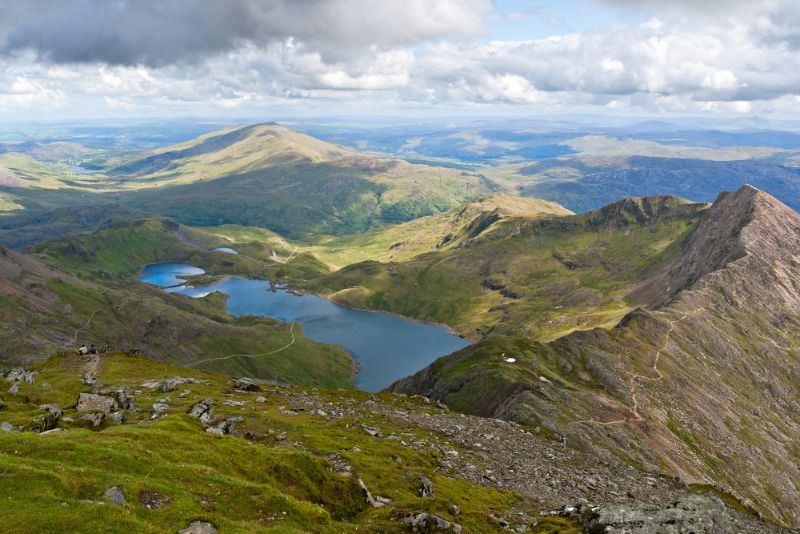 View of lakes from summit of mt snowdown in wales