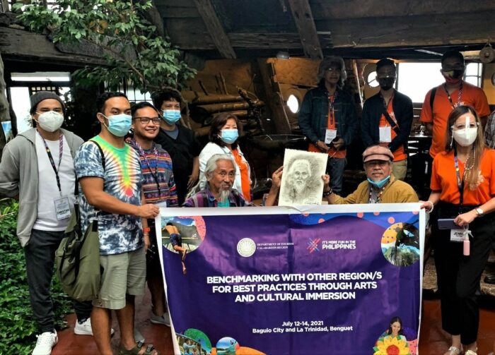 National Artist Kidlat Tahimik and sculptor-painter Nemi Miranda with artists from Calabarzon region