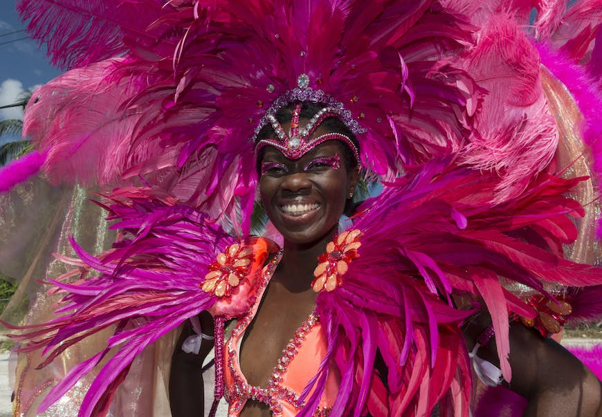 Local woman wearing a colourful headdress during the Barbados Crop Over festival 