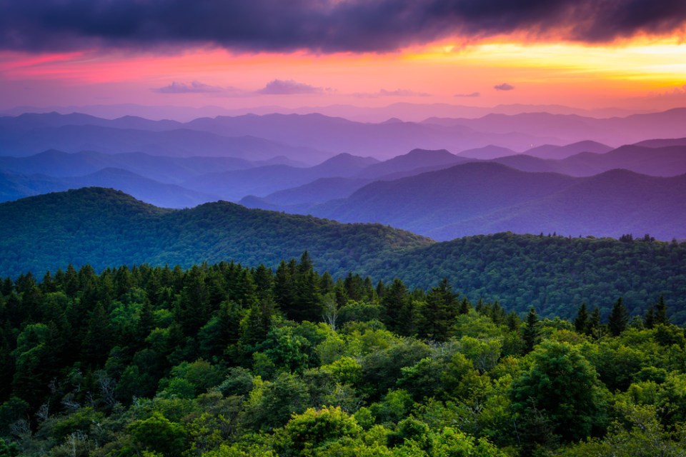 Sunset from Cowee Mountains Overlook, on the Blue Ridge Parkway in North Carolina.