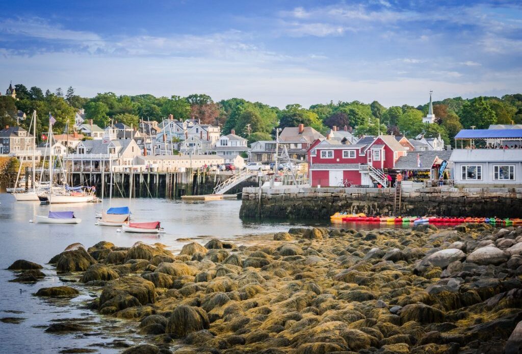 A small seaside town with mostly gray cottages on shore, a rocky coastline, and a few sailboats in the harbor.