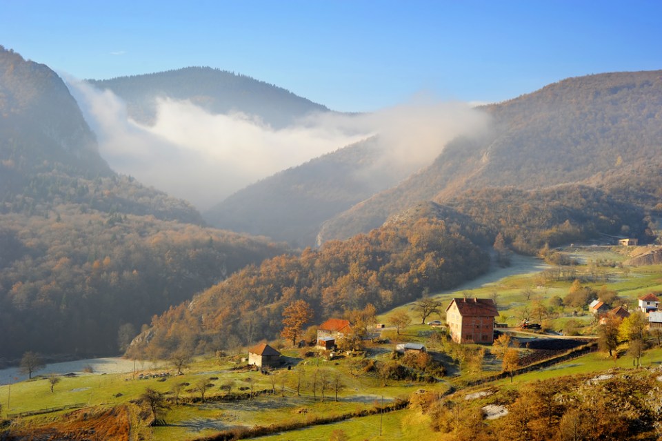 Serbian mountain village in the sunshine morning