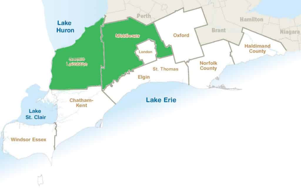 ontarios southwest with middlesex county and sarnia-lambton county highlighted on the map