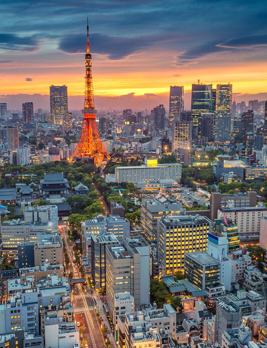 aerial vie of tokyo city at sunset with red tokyo tower