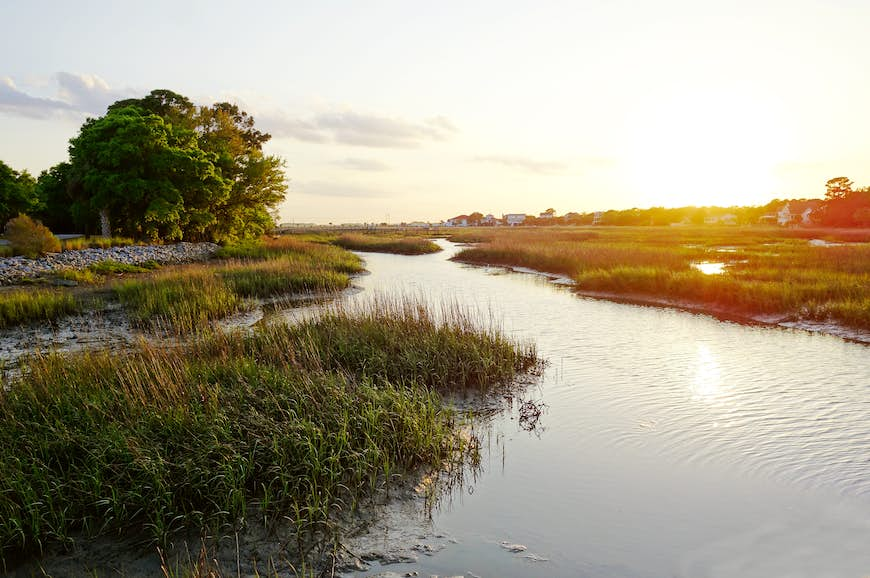 View of coastal homes along the marsh waterways in the Low Country near Charleston SC