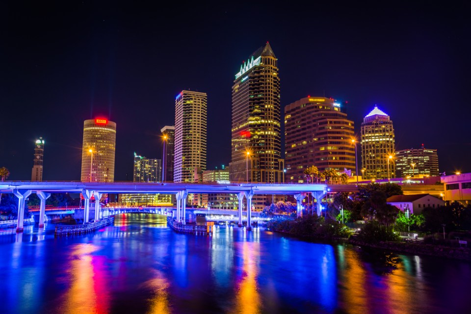 The skyline and bridges over the Hillsborough River at night in