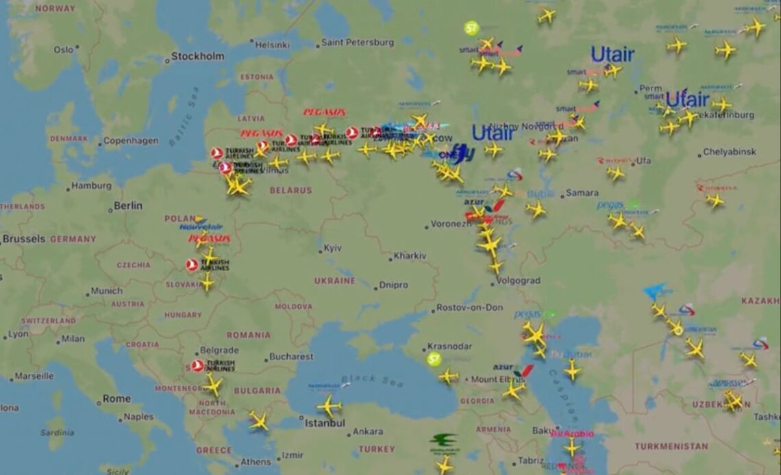 Timelapse video shows planes leaving Russia as thousands attempt to flee the country