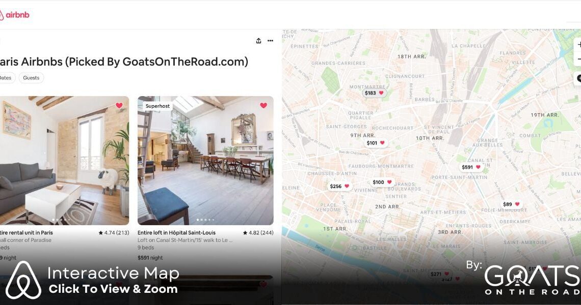 A custom map graphic of all the best airbnbs in Paris. Click the map to go to Airbnb and see the full list of Airbnbs, where they are located on the map, prices, and how to book them.