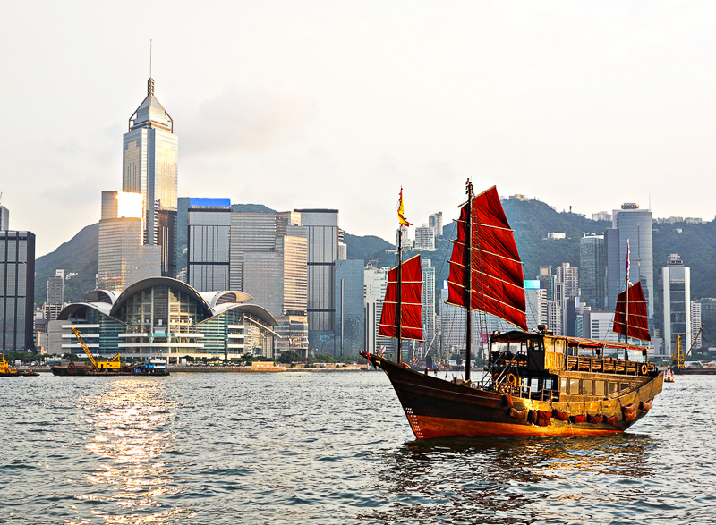 Hong Kong harbour with tourist junk