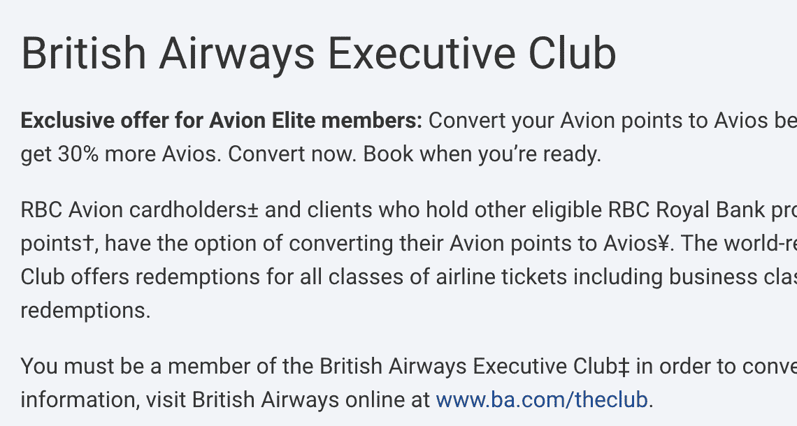 30% Transfer Bonus from RBC Avion to British Airways Avios