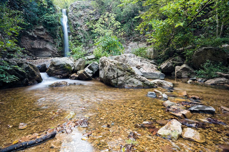 A waterfall plunges into a pool in a secluded wooded area