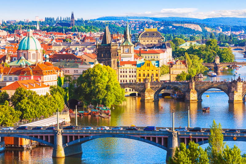 View of Prague and the Vltava River and its bridges