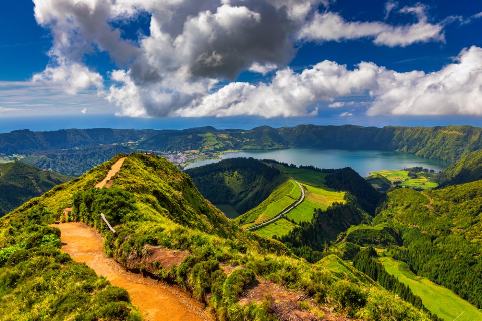 View of Sete Cidades near Miradouro da Grota do Inferno viewpoint, Sao Miguel Island, Azores, Portugal.