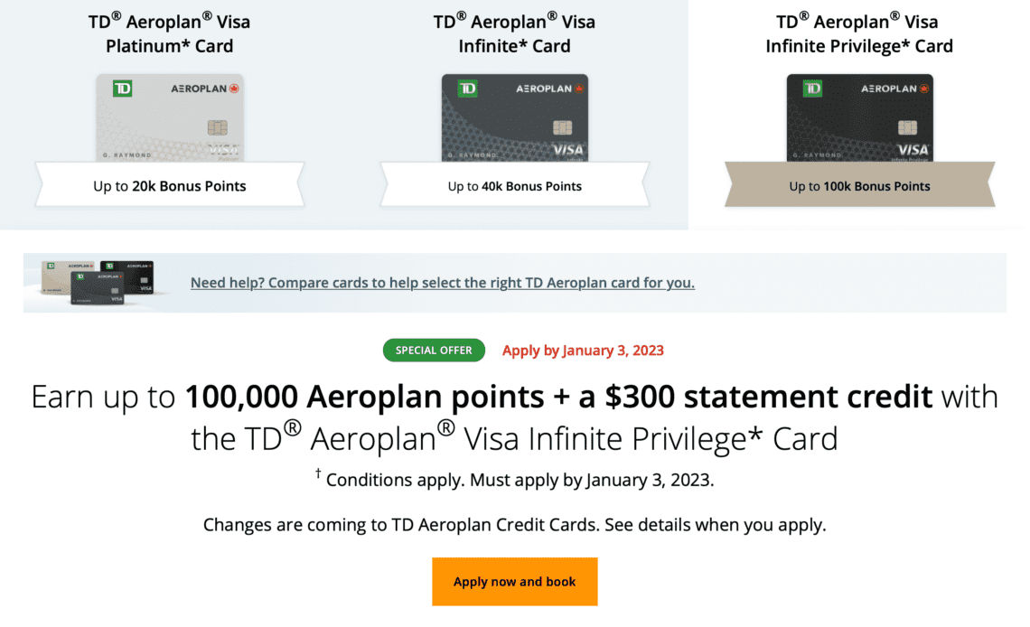 TD Aeroplan Visa Infinite Privilege: In-Path Offer for 100,000 Points + $300 Statement Credit