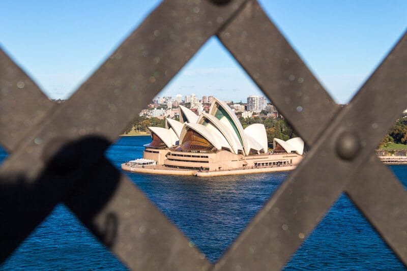 View of the Sydney Opera House from walking over the Harbour Bridge