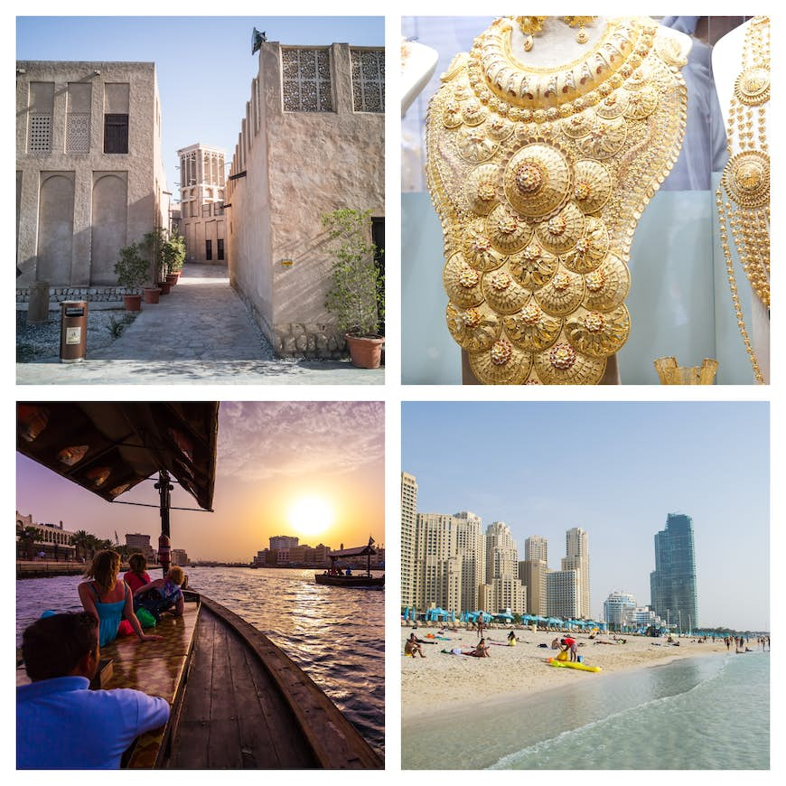 TOP LEFT: Buildings in Al Fahidi Historic District © Lara Brunt / Lonely Planet; TOP RIGHT: Gold and jewels sold in a Dubai souk ©melis / Shutterstock; BOTTOM LEFT: Traditional Abra ferries along Dubai Creek © Clari Massimiliano / Shutterstock; BOTTOM RIGHT: Dubai beach © Shutterstock / Riccardo Nastasi