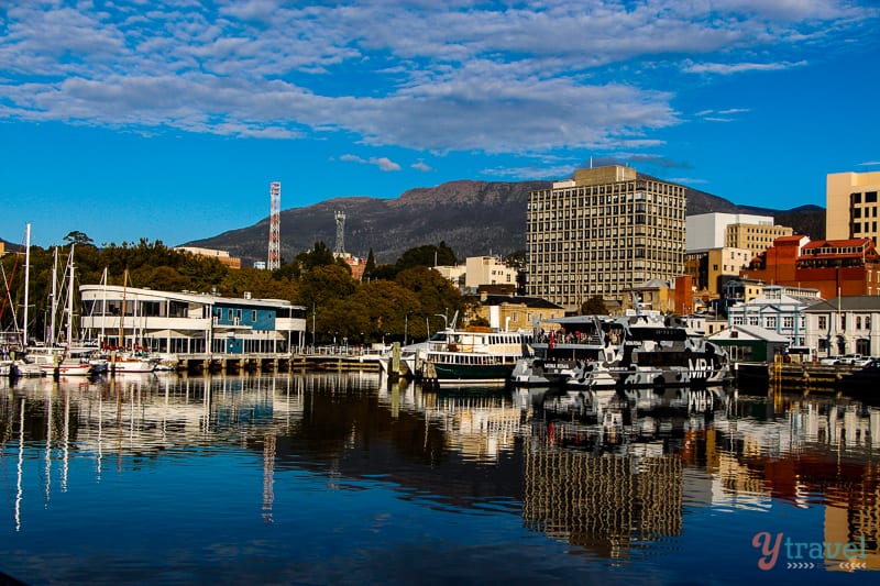 buildings and boats at the Hobart harbor