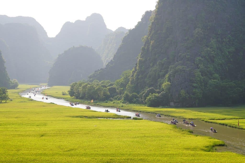 Boats Glide Down The Ngo Dong River In Tam Coc