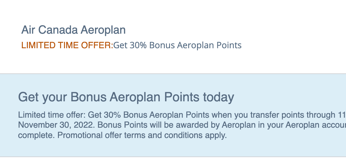 30% Transfer Bonus from Chase Ultimate Rewards to Aeroplan