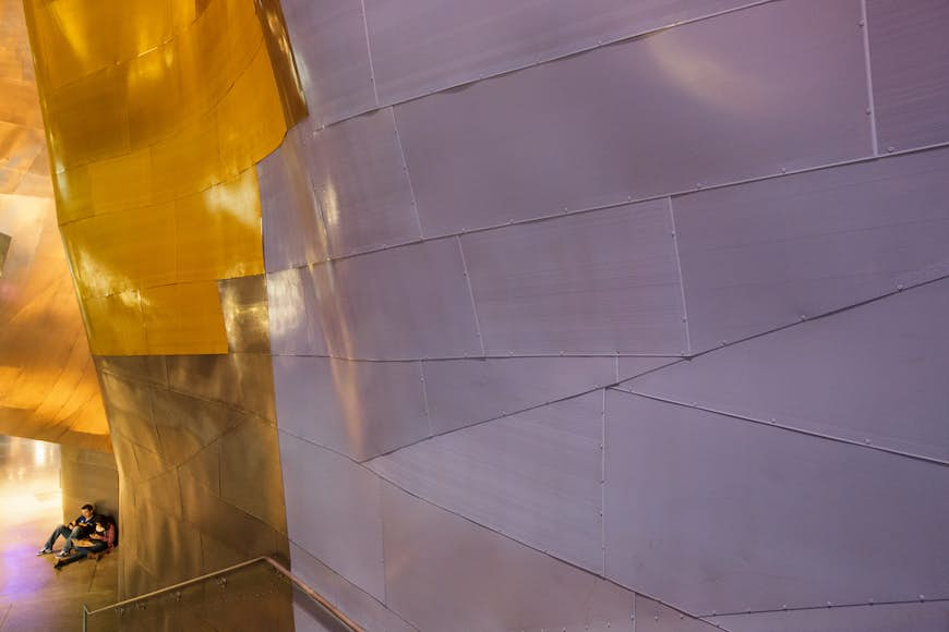 A cavernous, modern architecture hallway at the Museum of Pop Culture in Seattle. The museum, which was founded by Microsoft co-founder Paul Allen and designed by architect Frank Gehry is dedicated to contemporary pop culture and music.