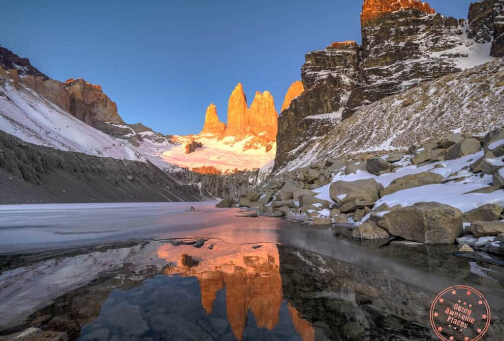 las torres base viewpoint at sunrise in 10 day patagonia itinerary