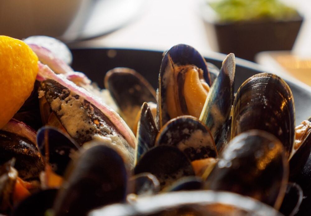 A close-up macro detail of a bowl filled with freshly steamed cream mussels at a seafood restaurant.