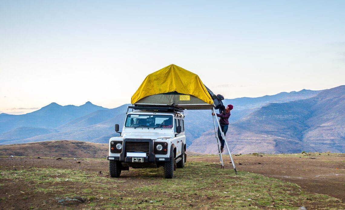 A rooftop tent set among the mountains of Lesotho, Africa
