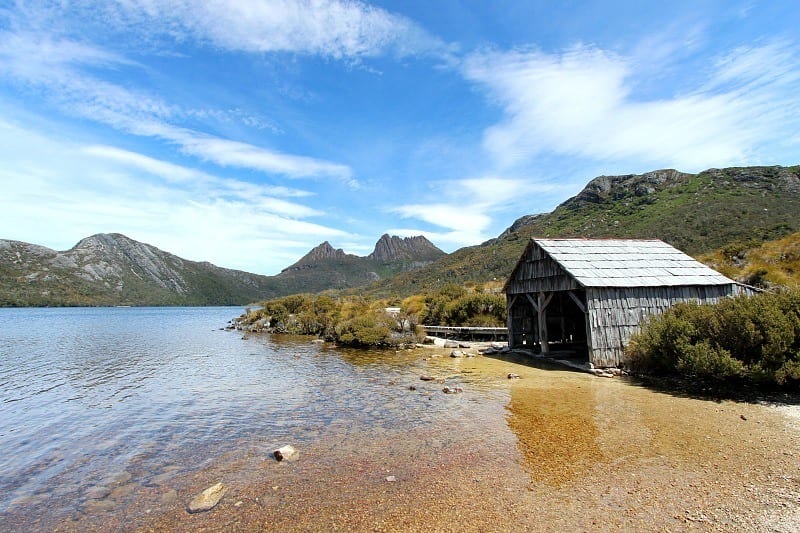 wooden boat shed on Cradle Lake with views of  the mountains