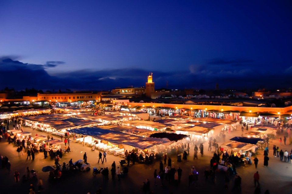 Evening busy market square Djemaa El Fna in Marrakesh