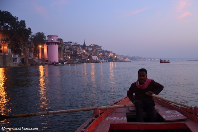 Dawn view of the ghats of Varanasi from a boat ride on Ganga river