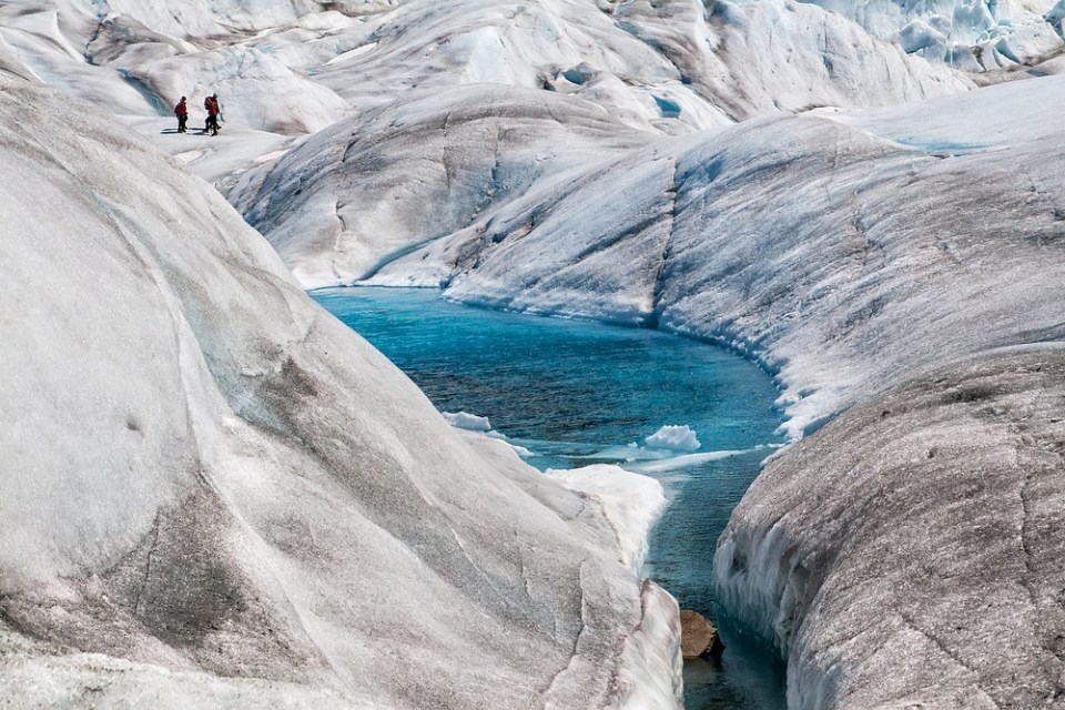 Natural blue-colored pools on Mendenhall Glacier in Juneau, Alaska.