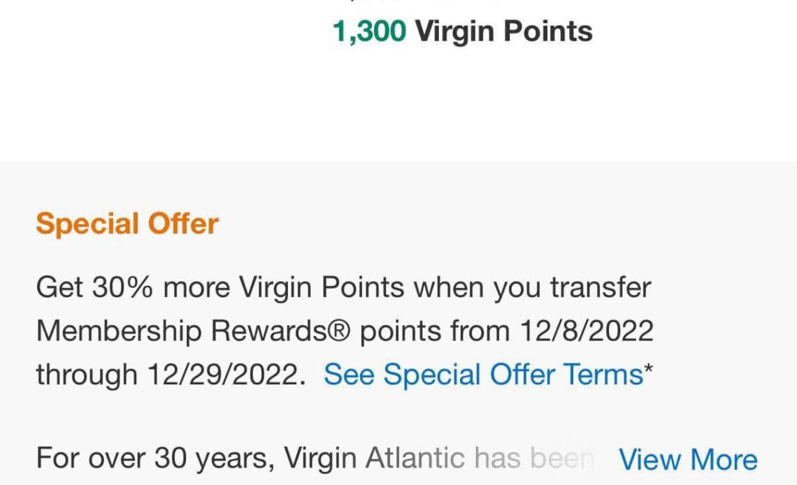 30% Transfer Bonus from Amex US MR to Virgin Atlantic Flying Club