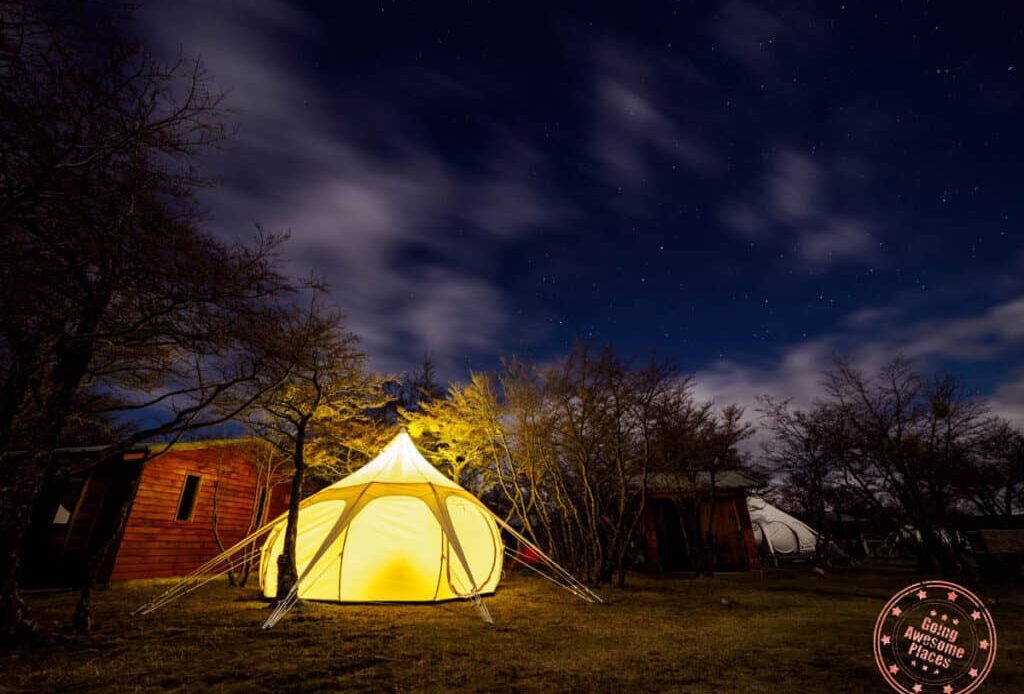 chile nativo riverside camp review with lotus tent at night glowing