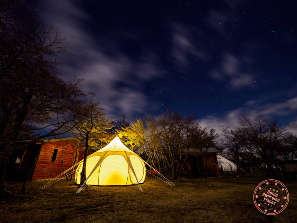 chile nativo riverside camp review with lotus tent at night glowing