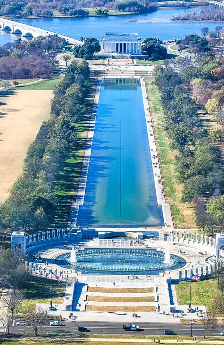 aerial view of world war 2 memorial, reflection pool and lincoln memorial