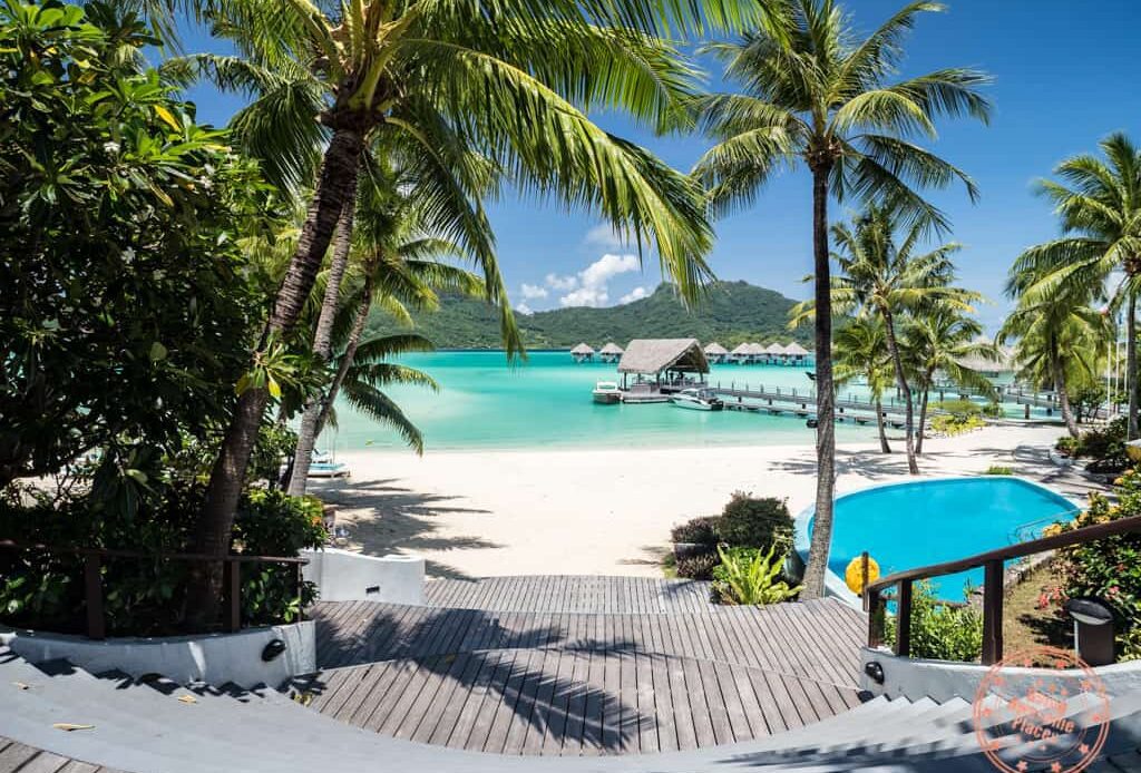 palm trees over pool deck by turquoise water lagoon at best resorts bora bora