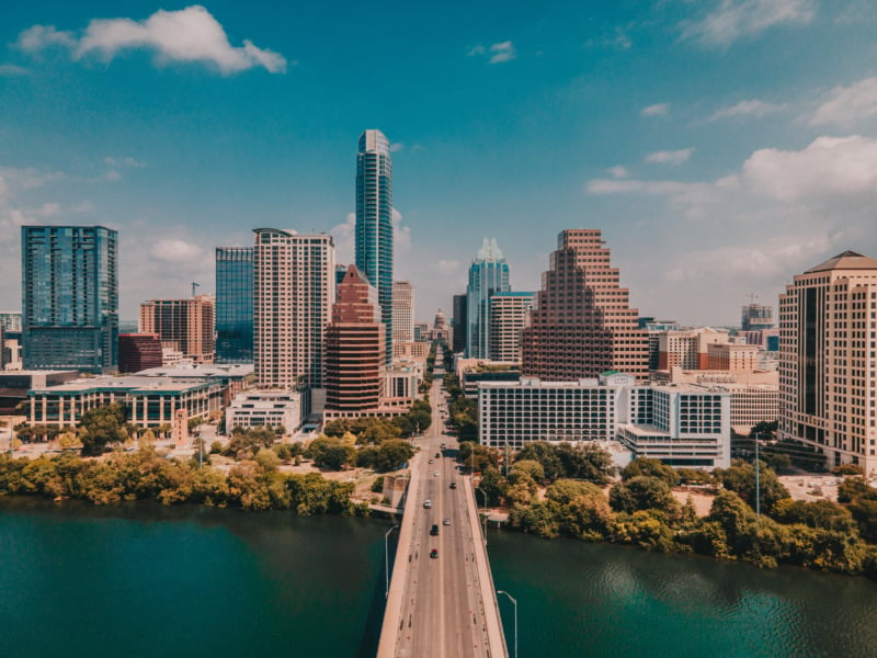 Austin, Texas skyline from above over the Congress Street bridge