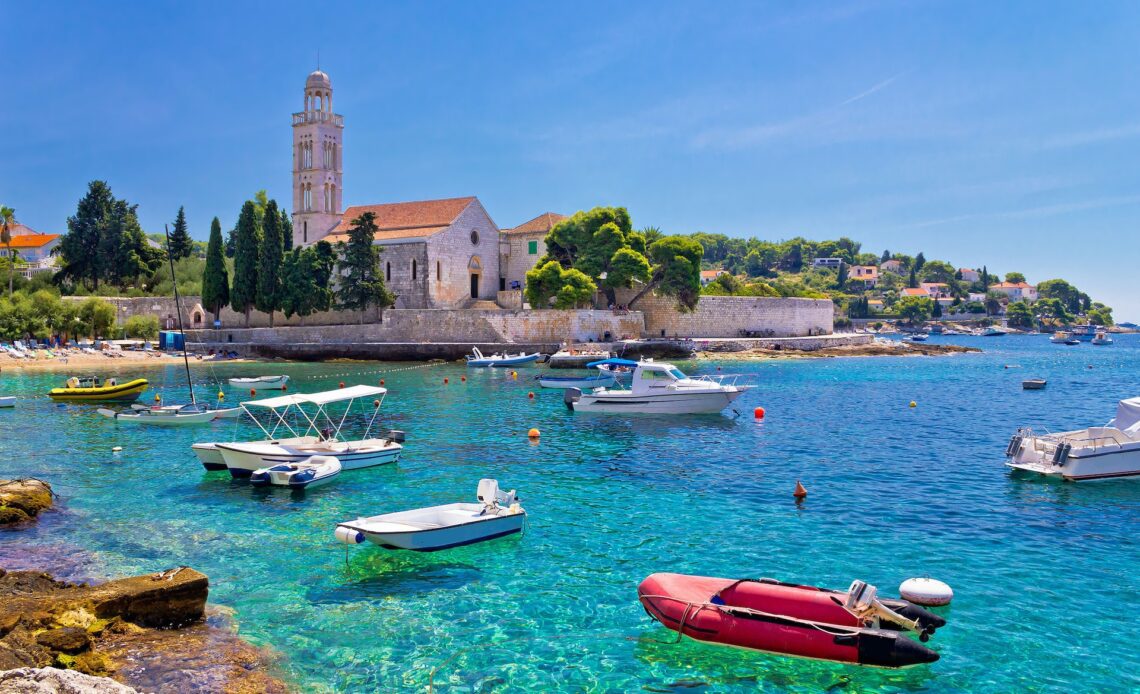 Turquoise sea of Hvar island, Franciscian monastery view in Dalmatia, Croatia