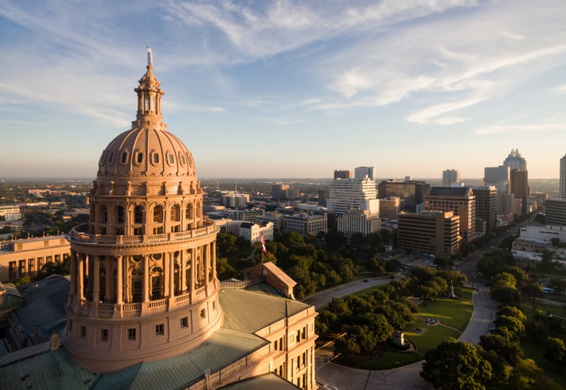 Downtown Austin Texas, aerial view of the Texas capital building