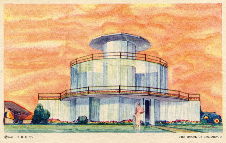 A postcard of the House of Tomorrow from the 1933 Century of Progress World's Fair in Chicago shows garages for both car and airplane. (Collection of Steven R. Shook)
