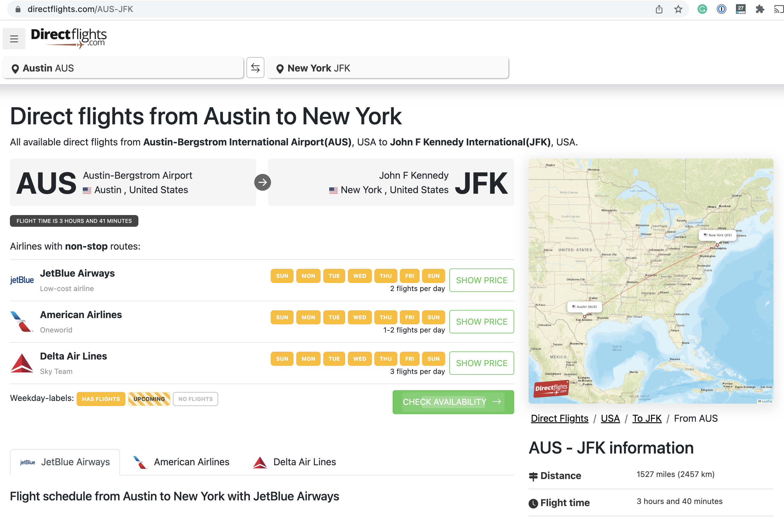 Screenshot of the results page when searching Directflights.com for cheap direct flights from Austin to JFK