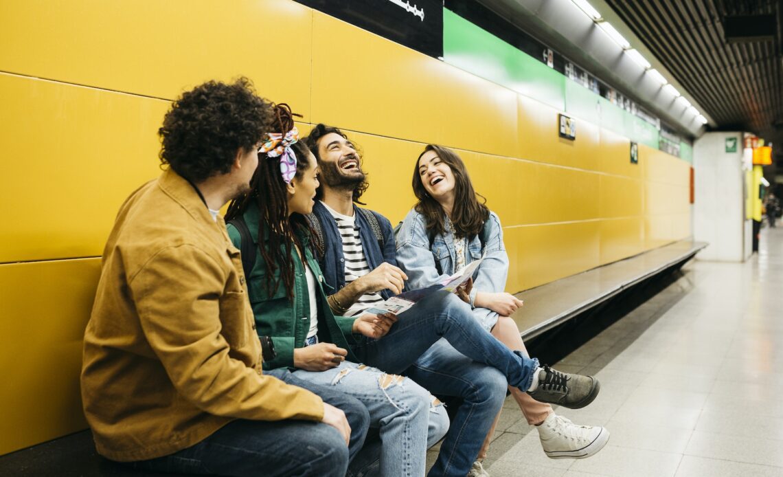 Group of friends in a Barcelona Metro station