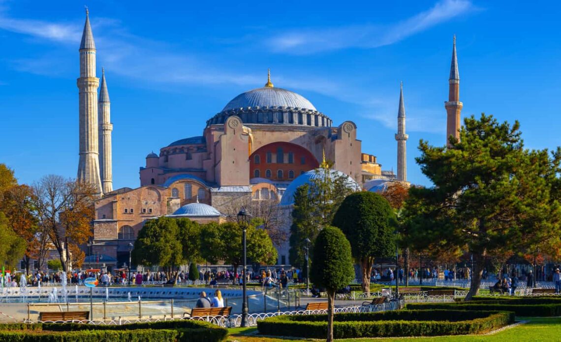 The iconic Hagia Sophia in Istanbul, Turkey, on a bright and sunny day