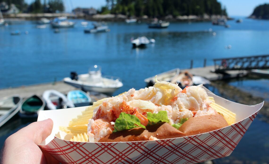 A person holds a small dish of lobster and chips up in front of a waterfront scene