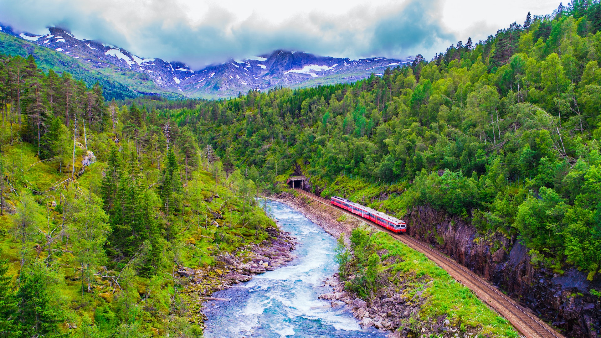 Train traveling on the Bergen Railway, alongside a river surrounded by dense forest