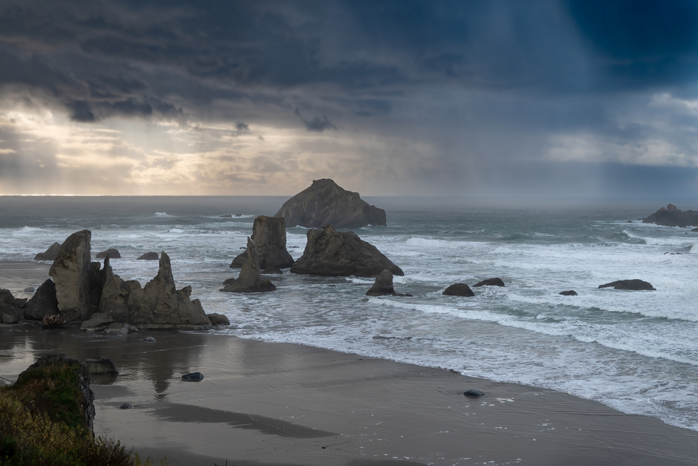Winter storm and rain over sea stacks at the Oregon Coast.