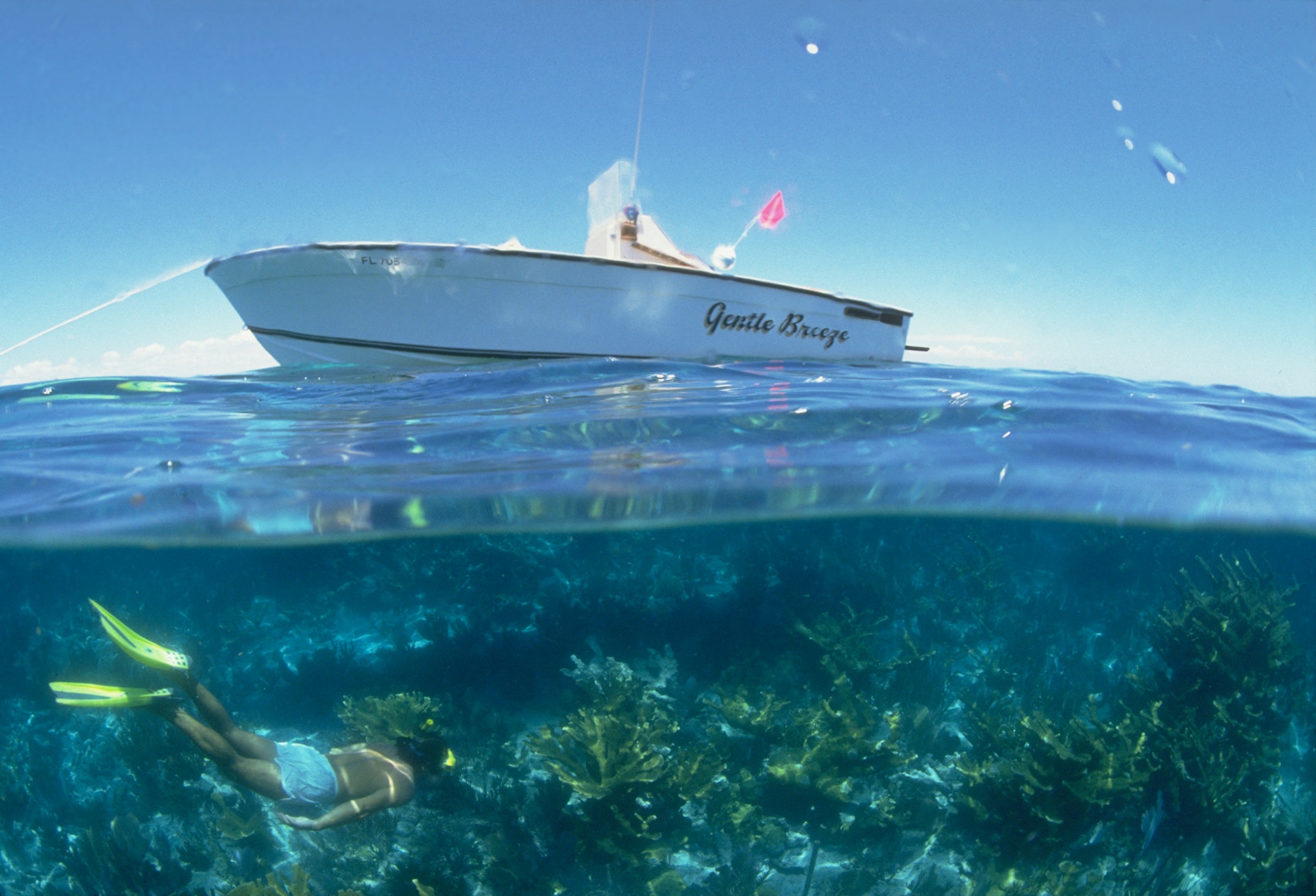 An underwater shot of a man diving next to a motorboat, Biscayne National Park, Florida, USA