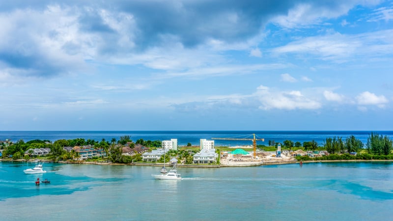 Aerial photo of Montego Bay, Jamaica, skyline and ocean